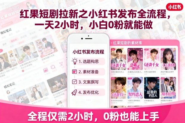 红果短剧拉新之小红书发布全流程,一天2小时,小白0粉就能做-焱冰网创资源库