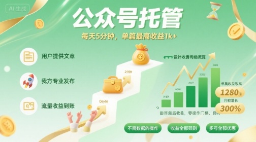 【公众号托管 】我提供文章，你发布，每天5分钟，单篇最高收益1k+【揭秘】-焱冰网创资源库