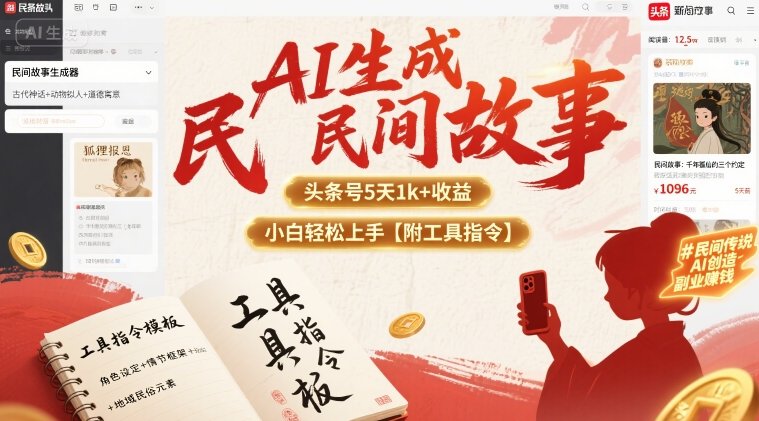 AI生成民间故事,头条号5天1k+,小白轻松上手【附工具指令】-焱冰网创资源库