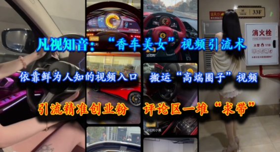 凡视知音:“香车美女”视频引流术,依靠鲜为人知的视频入口,搬运“高端圈子”视频,引流精准创业粉,评论区一堆“求带”