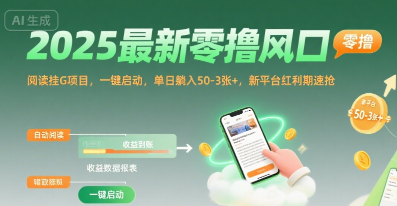 2025最新零撸风口，阅读挂G项目，一键启动，单日躺入 50-3张+，新平台红利期速抢【揭秘】-焱冰网创资源库