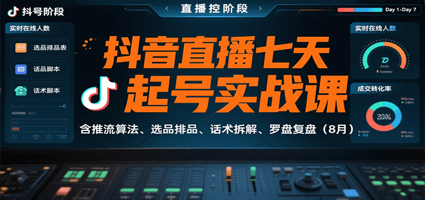 抖音直播七天起号实战课：含推流算法、选品排品、话术拆解、罗盘复盘(8月)-焱冰网创资源库