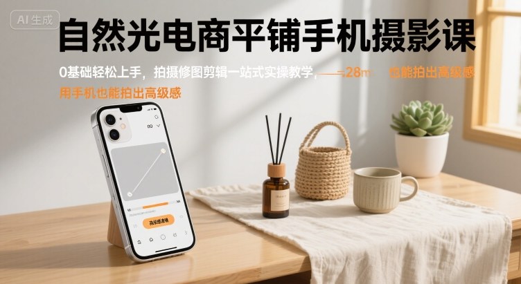 自然光电商平铺手机摄影课，0基础轻松上手，拍摄修图剪辑一站式实操教学，用手机也能拍出高级感-焱冰网创资源库