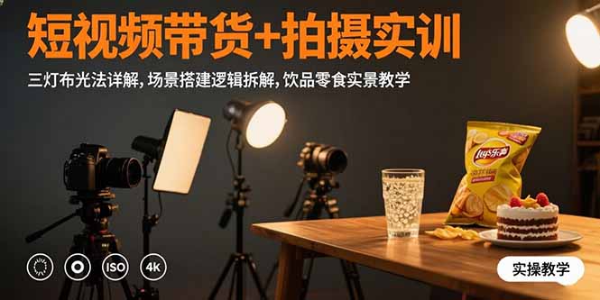 短视频带货+拍摄实训:三灯布光法详解,场景搭建逻辑拆解,饮品零食实景教学-焱冰网创资源库