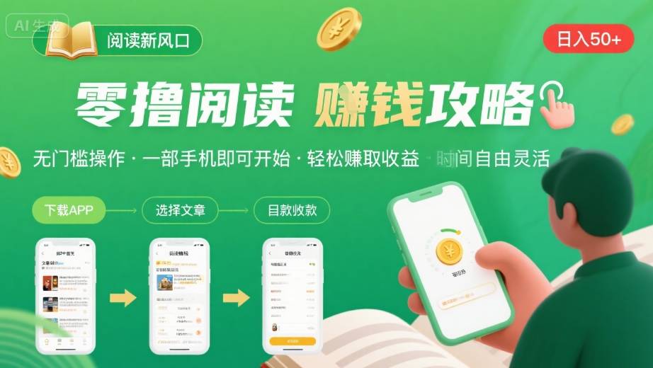 零撸阅读新风口,无门槛轻松挣,一部手机,日入 50-3张【揭秘】-焱冰网创资源库
