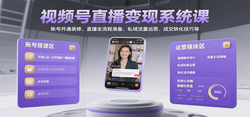 视频号直播变现系统课,账号开通装修、直播全流程准备、私域流量运营、成交转化技巧等-焱冰网创资源库