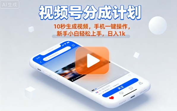 视频号分成计划懒人玩法，10秒生成视频，手机一键操作，新手小白轻松上手，日入1K【揭秘】-焱冰网创资源库