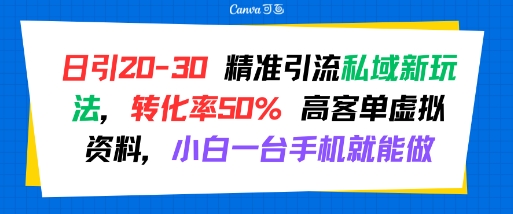 日引 20-30 精准引流私域新玩法，转化率50% 高客单虚拟资料，小白一台手机就能做-焱冰网创资源库