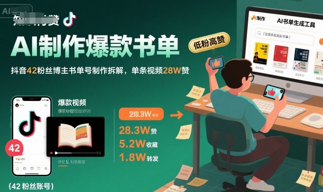 AI制作爆款书单,抖音42粉丝博主书单号制作拆解,单条视频28W赞-焱冰网创资源库