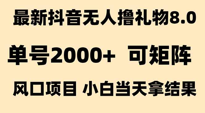 抖音无人撸礼物8.0玩法 全新风口 见效果快 全无人 单号当天产出2000+-焱冰网创资源库