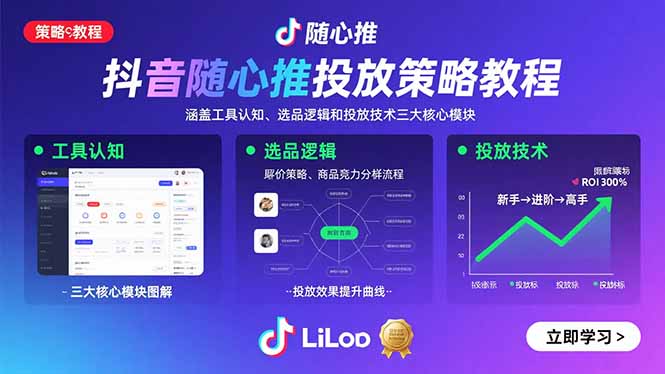抖音随心推投放策略教程:涵盖工具认知、选品逻辑和投放技术三大核心模块-焱冰网创资源库