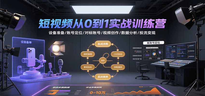 短视频从0到1实战训练营：设备准备/账号定位/对标账号/视频创作/数据分析/投流变现-焱冰网创资源库