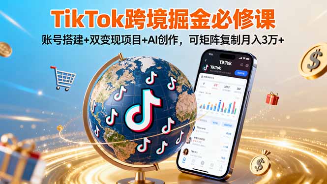 TikTo跨境掘金必修课，账号搭建+双变现项目+AI创作，可矩阵复制月入3万+-焱冰网创资源库