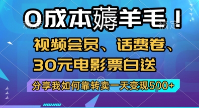 0成本薅羊毛!视频会员、话费卷、30元电影票白送,分享我如何靠转卖一天变现5张+【揭秘】-焱冰网创资源库
