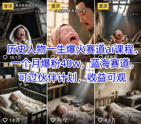 历史人物一生爆火赛道ai课程,一个月爆粉40w,蓝海赛道,可过伙伴计划,收益可观-焱冰网创资源库
