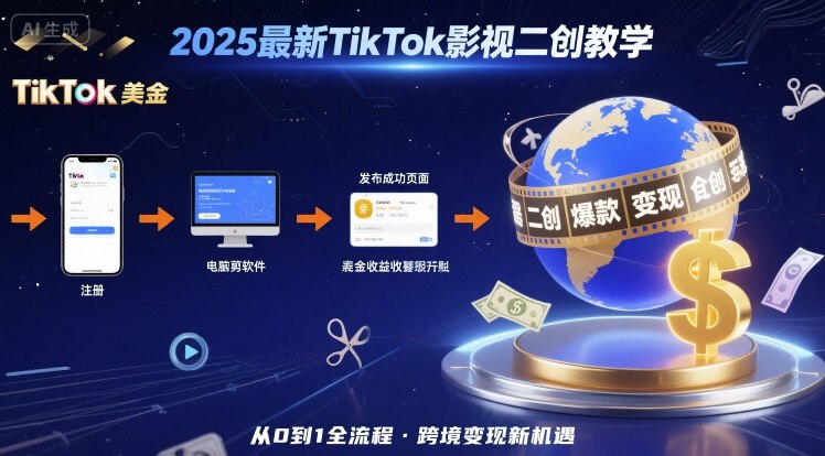 2025年最新TikTok影视二创教学，从注册到发布撸美金全流程，跨境变现新机遇-焱冰网创资源库