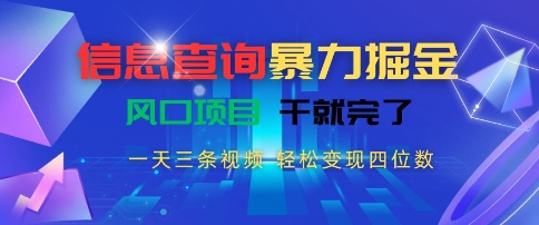 信息查询暴力掘金,一天三条视频,轻松变现四位数,风口项目干就完了【揭秘】-焱冰网创资源库