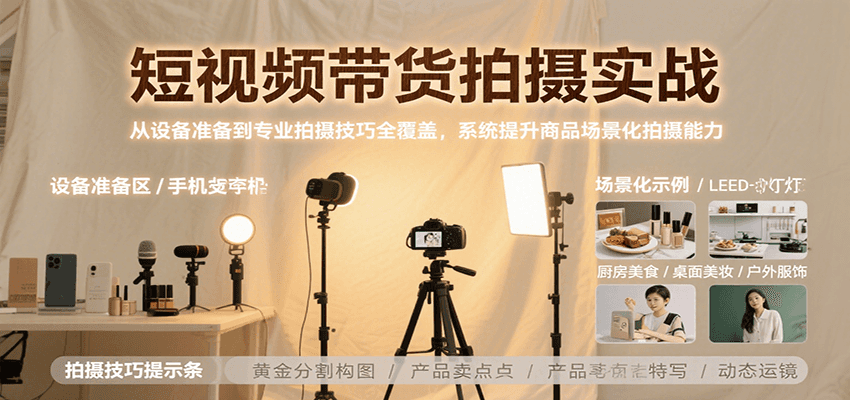 短视频带货拍摄实战,从设备准备到专业拍摄技巧全覆盖,系统提升商品场景化拍摄能力-焱冰网创资源库