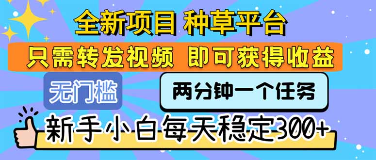 全新项目 种草平台 只需要转发任务视频 即可获得收益 新手小白每天300+-焱冰网创资源库