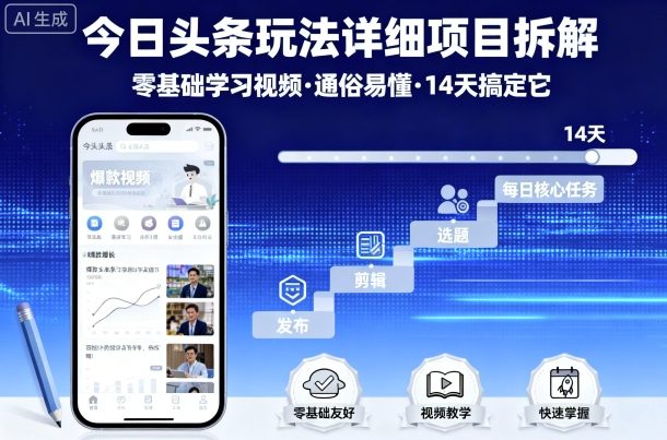 今日头条玩法详细项目拆解，零基础学习视频 通俗易懂 14天搞定它-焱冰网创资源库