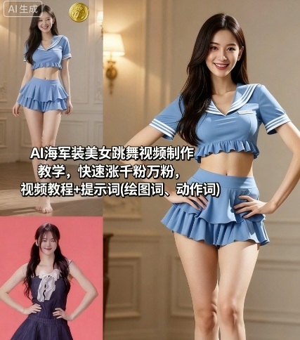AI海军装美女跳舞视频制作教学,快速涨千粉万粉,视频教程+提示词(绘图词、动作词)-焱冰网创资源库